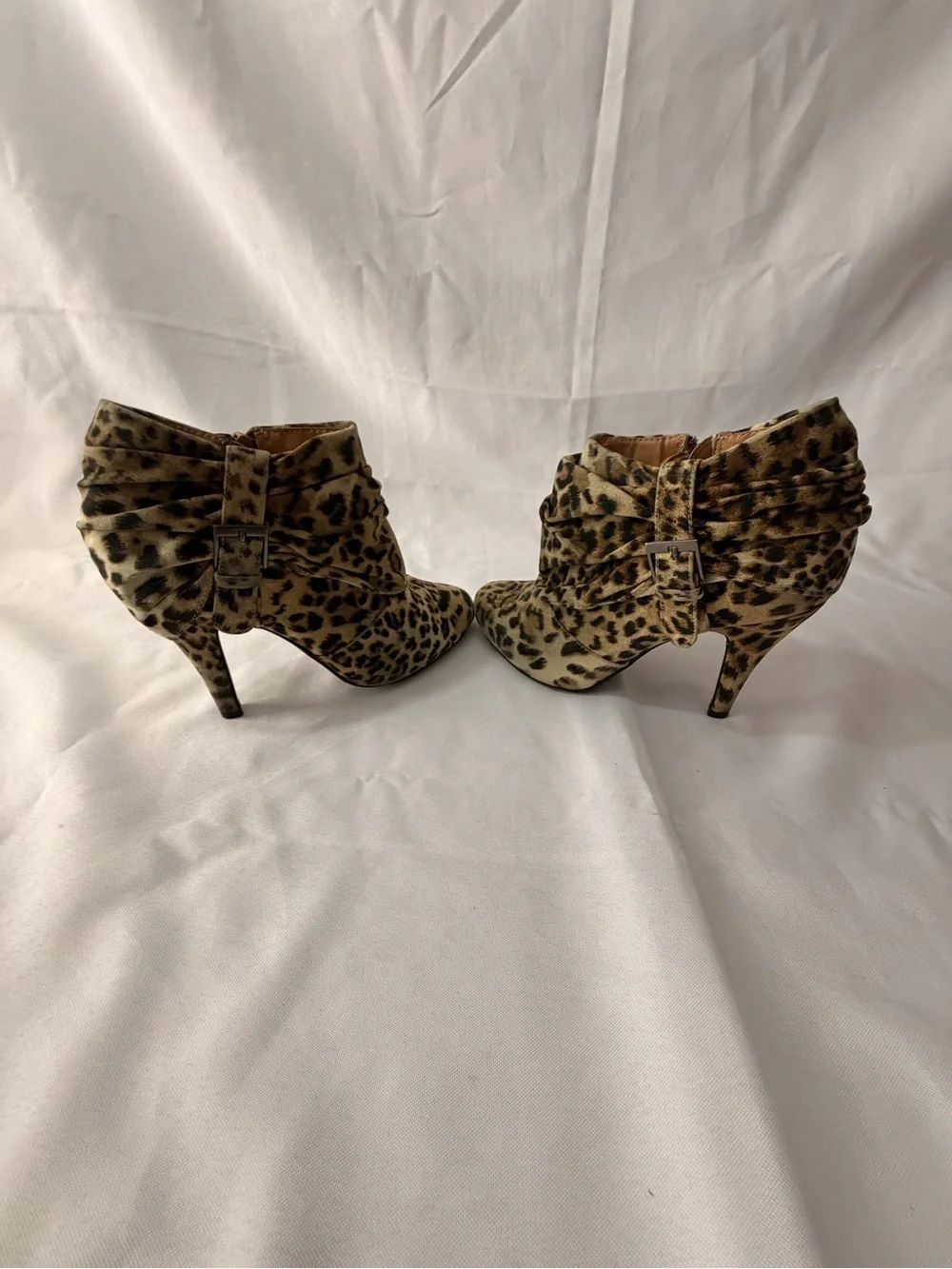 Glaze Leopard Print Ruched Ankle Booties in Tan and Black